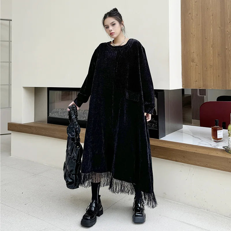 XITAO Tassel Patchwork Asymmetrical Dresses O-neck Long Sleeve Pullover Loose Slimming Temperament Dress 2024 Autumn GYX1037