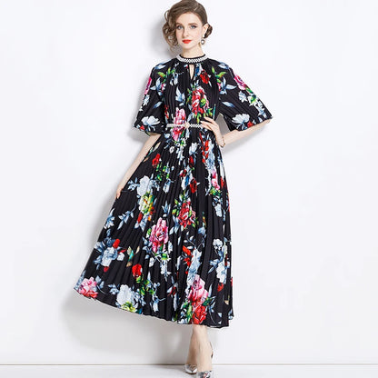 XITAO Pleated Print Floral O-neck Dress Pearl Fashion Half Sleeve Temperament Fashion Summer New Arrival Personality LYD1869