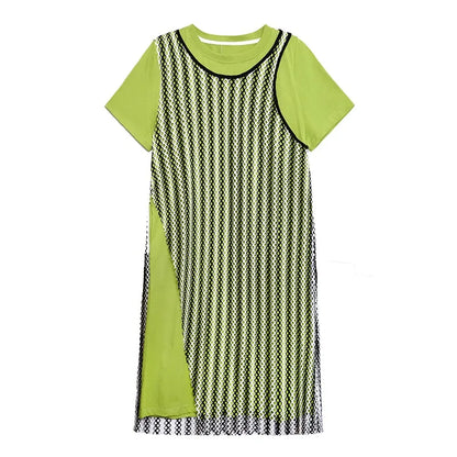 XITAO Grid Patchwork O-neck Pullover Dresses Short Sleeve Loose Contrast Color Mid-calf Fashion Dresses 2024 Summer New DMJ4082