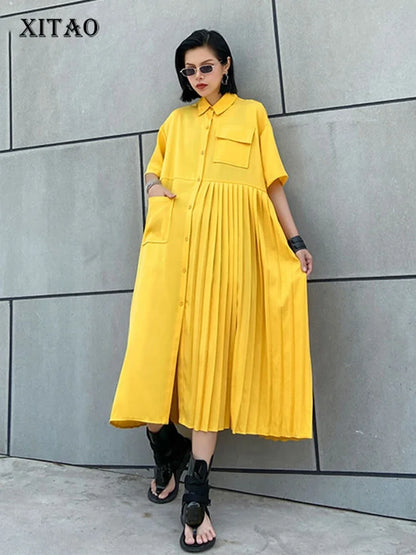 XITAO  Dress Fashion New Women Pocket  Vintage Single Breast Goddess Fan Minority Style Loose Dress DMY4747