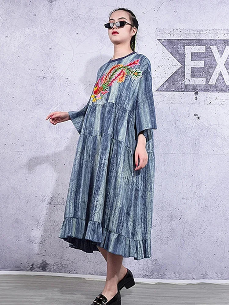 XITAO Embroidery Dress Fashion New Women Pleated Pullover Goddess Fan Casual Style Loose Summer Dress DMY3141