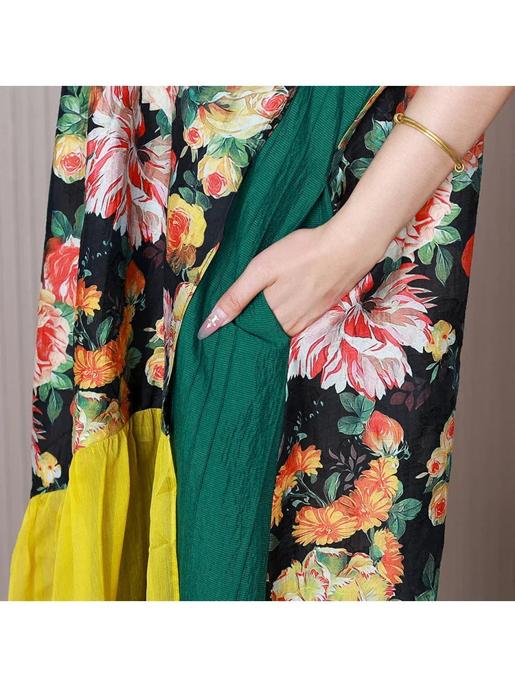 XITAO Casual Patchwork Print Dress Korea Summer New Arrival Personality Fashion Loose V-neck Short Sleeve Dress WLD20049