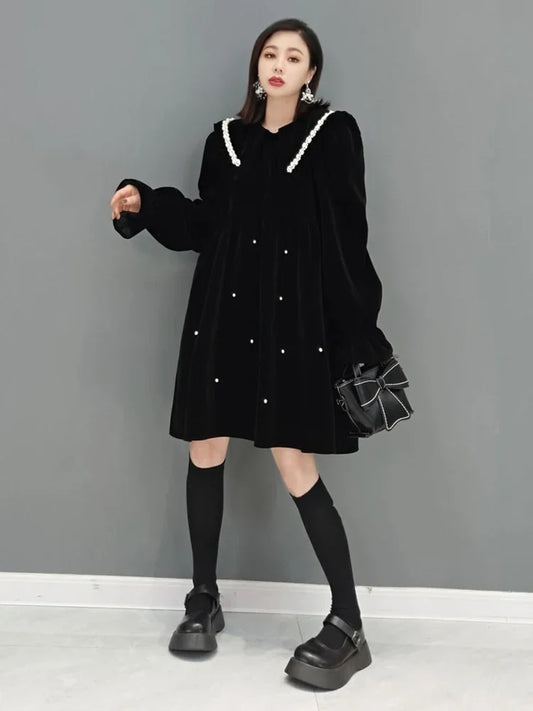 XITAO Vintage Mini Dress Fashion Silk Velvet Contrast Color Peter Pan Collar Women New Loose Large Size Pullover Dress GWJ2873