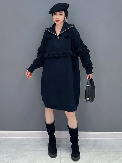 XITAO Tassel Turtleneck Zipper Knitting Dress Fashion Temperament Women Spring New Casual Trend Solid Color Dress HQQ1648