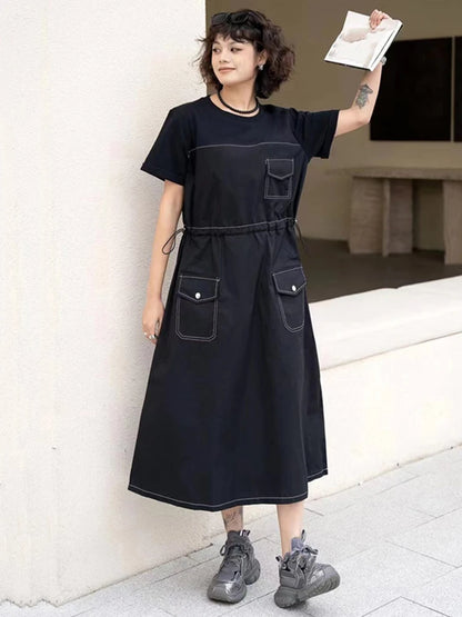 XITAO Vintage Patchwork Pocket Loose Female Dress Casual Drawstring Slimming Women Summer New O-neck A-line Dress HQQ2340