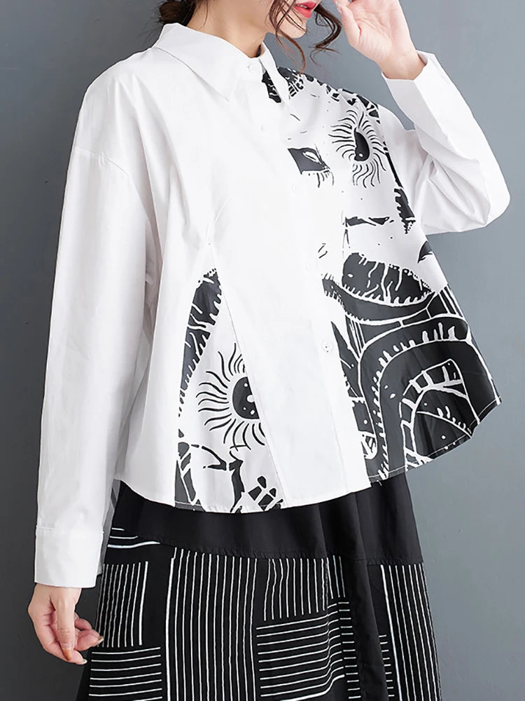 XITAO Casual Print Loose Shirt Turn-down Collar Full Sleeve Single Breasted Simplicity Spring Fashion Women New Top LYD1713