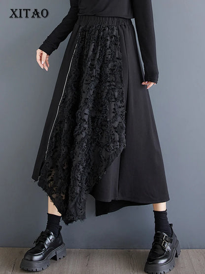 XITAO Korea Casual New Arrival A-line Women Skirt Loose Mid-calf Patchwork Black Autumn Design Female Skirt All Match GMM1007