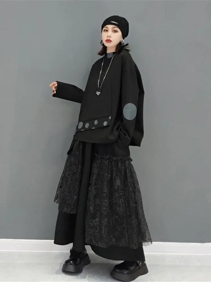 XITAO Irregular Mesh Patchwork Skirt Women Fashion Black Casual Patchwork A-line Ankle-length Skirt Loose New GWJ1711