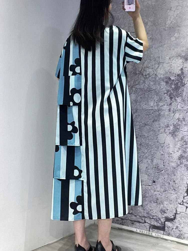 XITAO Asymmetrical Striped Patchwork Dress Loose Fashion Contrast Color O-neck T-shirt Dress Summer Simplicity New Women ZY8453