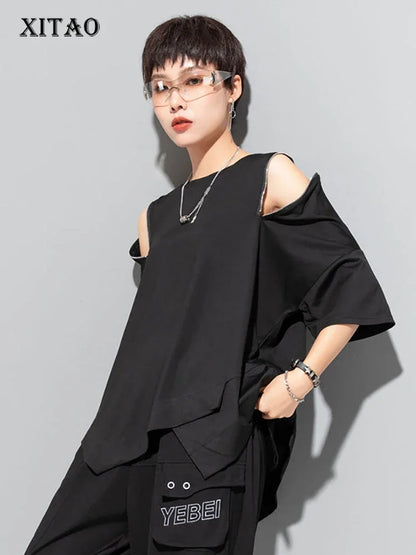 XITAO Asymmetrical Patchwork Zipper T-shirts Loose Show Thin Summer New Casual Fashion Temperament All Match Top DMJ1179