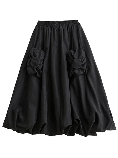 XITAO Three Dimensional Decoration Female A-line Skirt Patchwork Pleated Elastic Waist Solid Simplicity Women Skirt DMJ3413