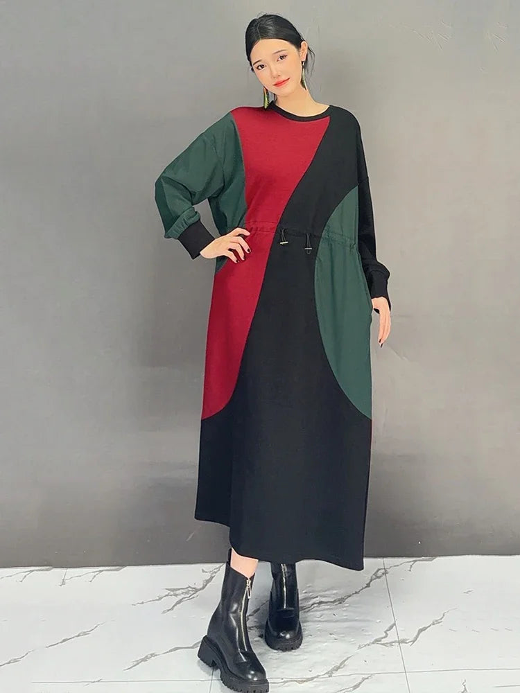 XITAO Contrast Color Patchwork O-neck Dresses Long Sleeve Pullover Slimming Temperament Casual Dresses 2024 Autumn New GJ1097