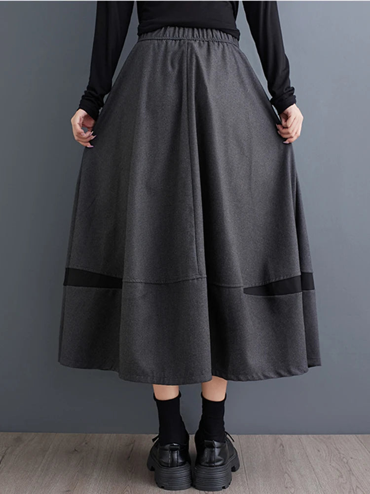 XITAO Casual Solid Color A-line Mid-calf Skirt Contrast Color Patchwork Autumn Women 2024 New Trendy Female Skirt ZYY1090