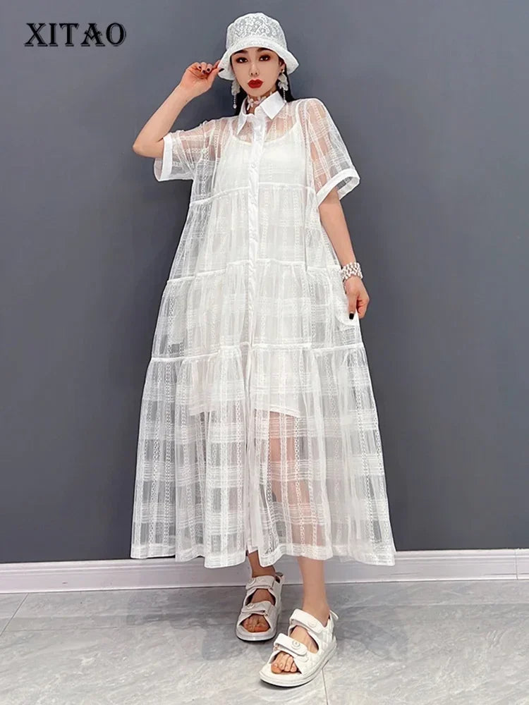 XITAO Solid Pleated Dress Women Korea 2024 Summer New Personality Fashion Loose Turn-down Collar Short Sleeve Dress  WLD7063