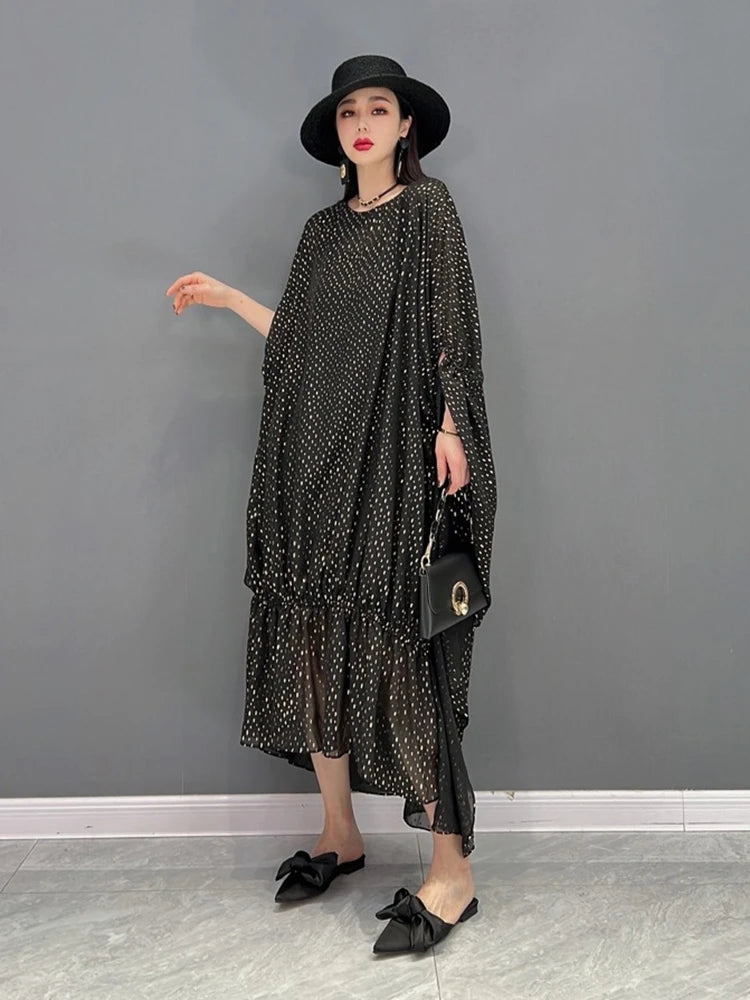 XITAO Batwing Sleeve Asymmetrical Dresses Wave Point O-neck Pullover A-line Mid-calf Slimming Women Dress Summer Fashion ZY8697