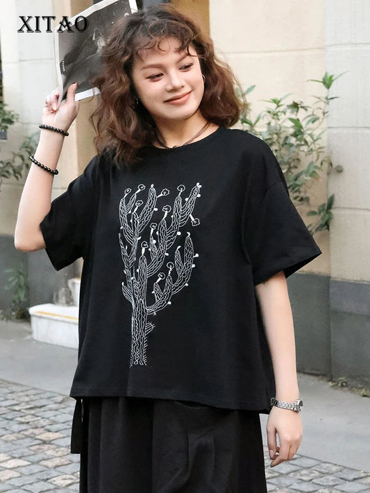 XITAO Embroidery Short Sleeve O-neck T-shirt Casual Half Sleeve Solid Color Fashion Personality Summer Women T-shirt GYX1406