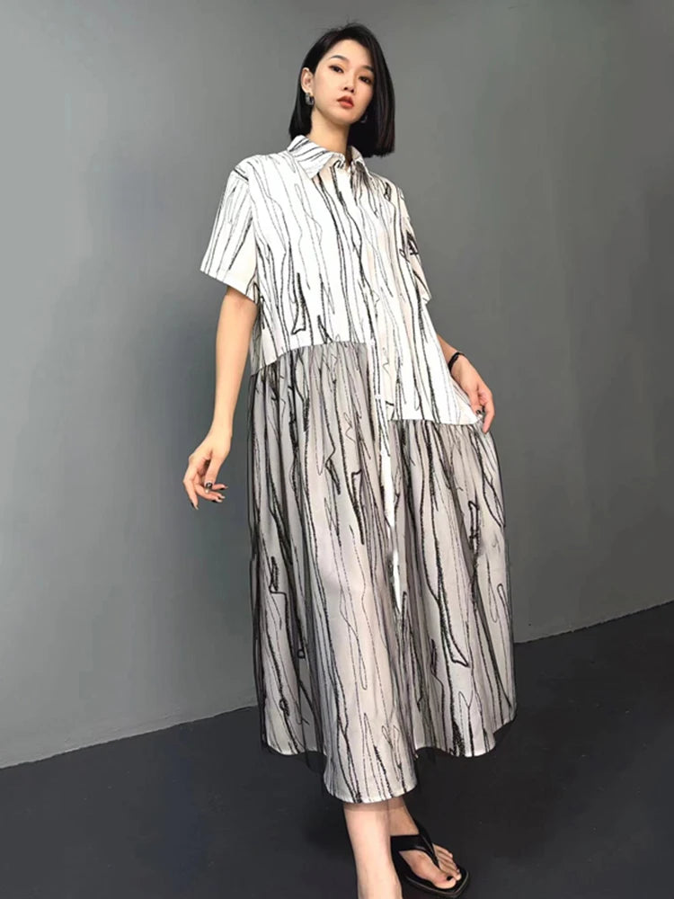 XITAO Asymmetrical Mesh Patchwork Shirt Dress Striped Fashion Loose Simplicity Summer Women Casual Short Sleeve Dress HQQ2369