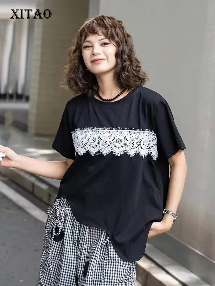 XITAO Irregular Casual Female T-shirt Lace Splicing Contrast Color Fashion New Women Top 2024 Summer Simplicity T-shirt DMJ4155