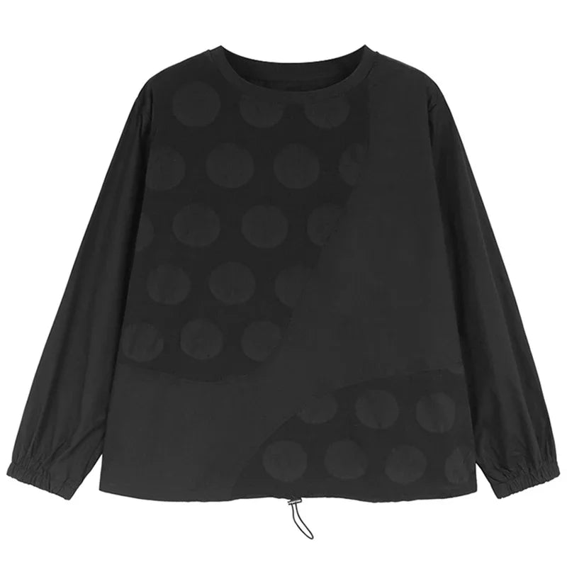 XITAO Drawstring Dot Female T-shirts Casual Loose Long Sleeve Patchwork Solid Color Autumn Pullover Women O-neck Top DMJ5013