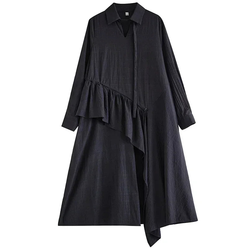 XITAO Asymmetrical Flounced Edge Female Dress Solid Color Loose Casual Pullover Mid-calf Dresses 2024 Autumn New GYX1049