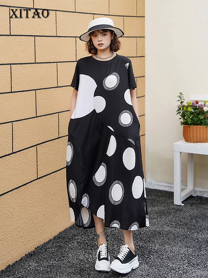 XITAO Irregular Dot Print Splicing Dress Loose Casual O-neck Pullover Short Sleeve Fashion All Match Female New Dress LYD1816