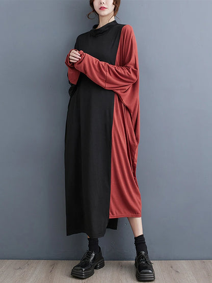 XITAO Casual Patchwork Contrast Color Batwing Sleeve Dress Half High Collar A-line Autumn 2024 New Arrival Women Dress ZYY1055