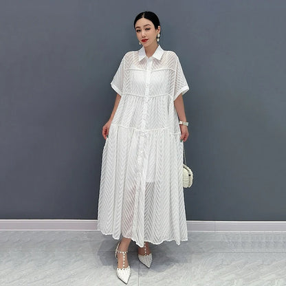 XITAO Solid Color Casual Female Shirt Dress Loose Fashion Simplicity Turn-down Collar Splicing Dress Summer New Women ZY8867