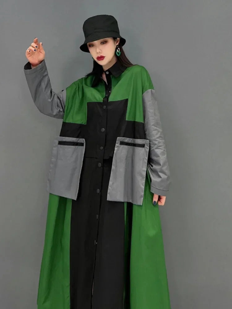 XITAO Fashion Contrast Color Patchwork Tench Loose Simplicity Temperament Turn-down Collar Casual Loose Women Coat WLD6752