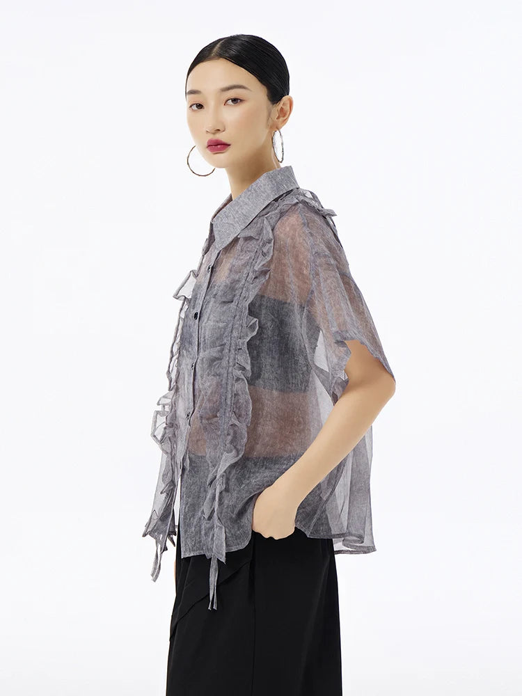 XITAO Perspective Gauze Shirt Fashion Drawstring Edible Tree Fungus Decorate Top Sexy Loose Women Shirt Summer New DMJ4163