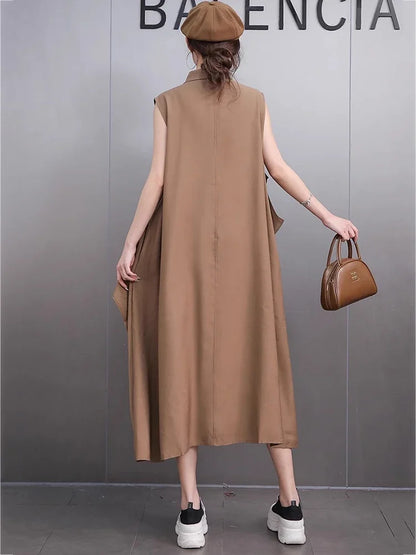 XITAO Pocket Sleeveless Dress Casual Solid Color A-line Loose Fitting Mid-calf Turn-down Color Simple Female Dress GMM1356