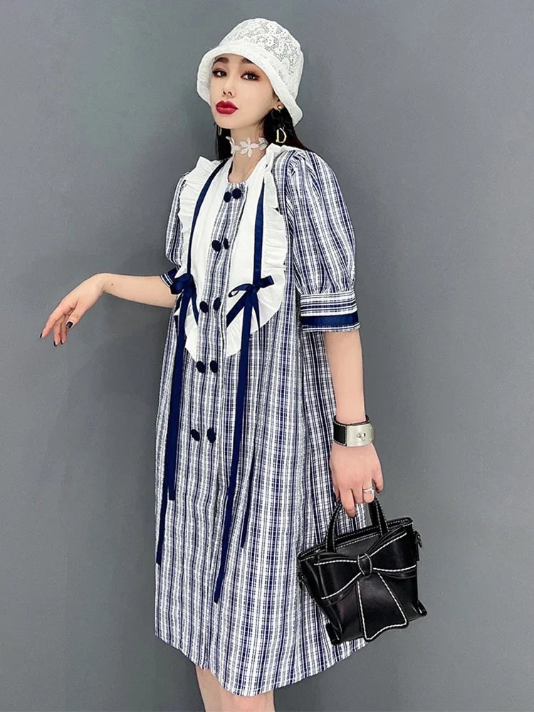 XITAO Double Breasted Plaid Dress Women Summer New Personality Fashion Loose O-neck Short Sleeve Dress WMD5991