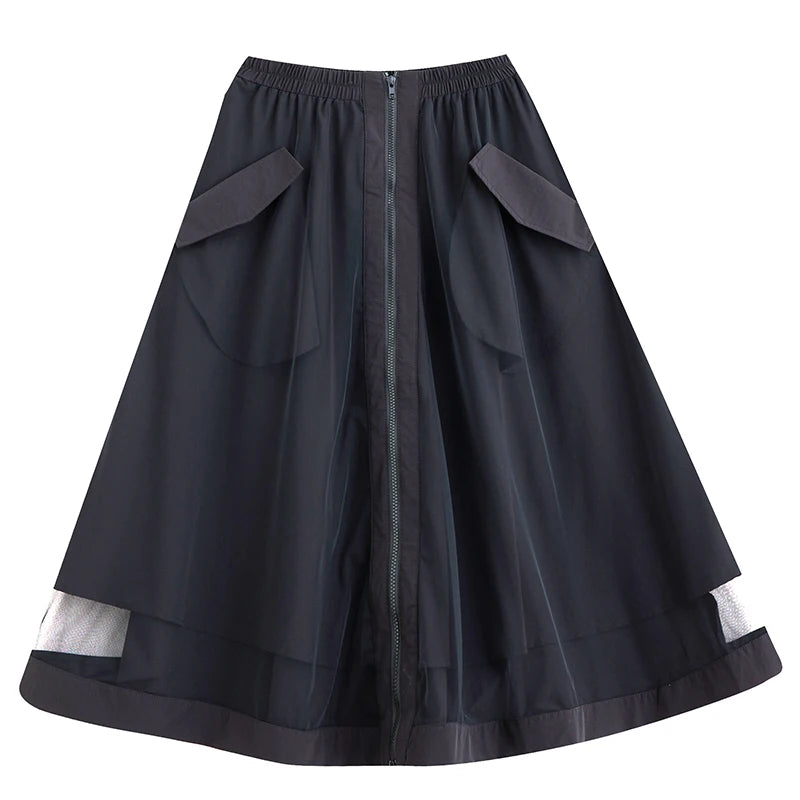 XITAO Gauze Patchwork Zipper Pockets Skirts Elastic Waist Solid Color Loose Mid-calf All Match Skirts 2024 Autumn New HJF5086