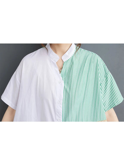 XITAO Casual Striped Shirt Dress Asymmetrical Contrast Color Patchwork Stand Collar Short Sleeve Women Dress Summer New ZY8805