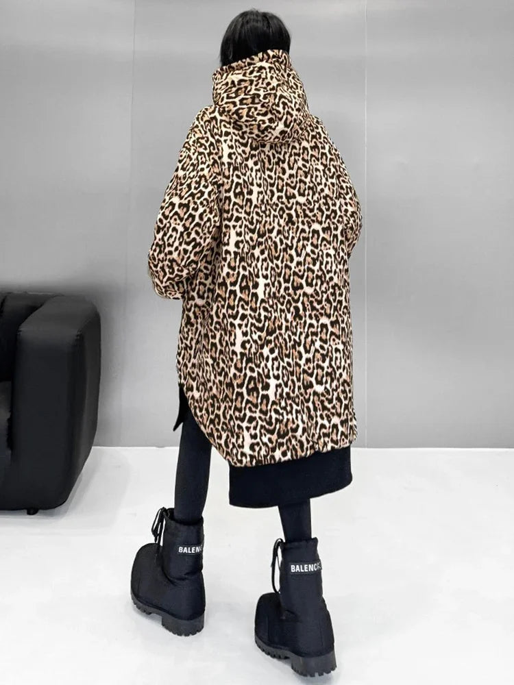 XITAO Loose Hooded Leopard Print Parkas Female Zipper Vintage Europe Full Sleeve Irregular Casual All Match Parka Winter ZYY1096