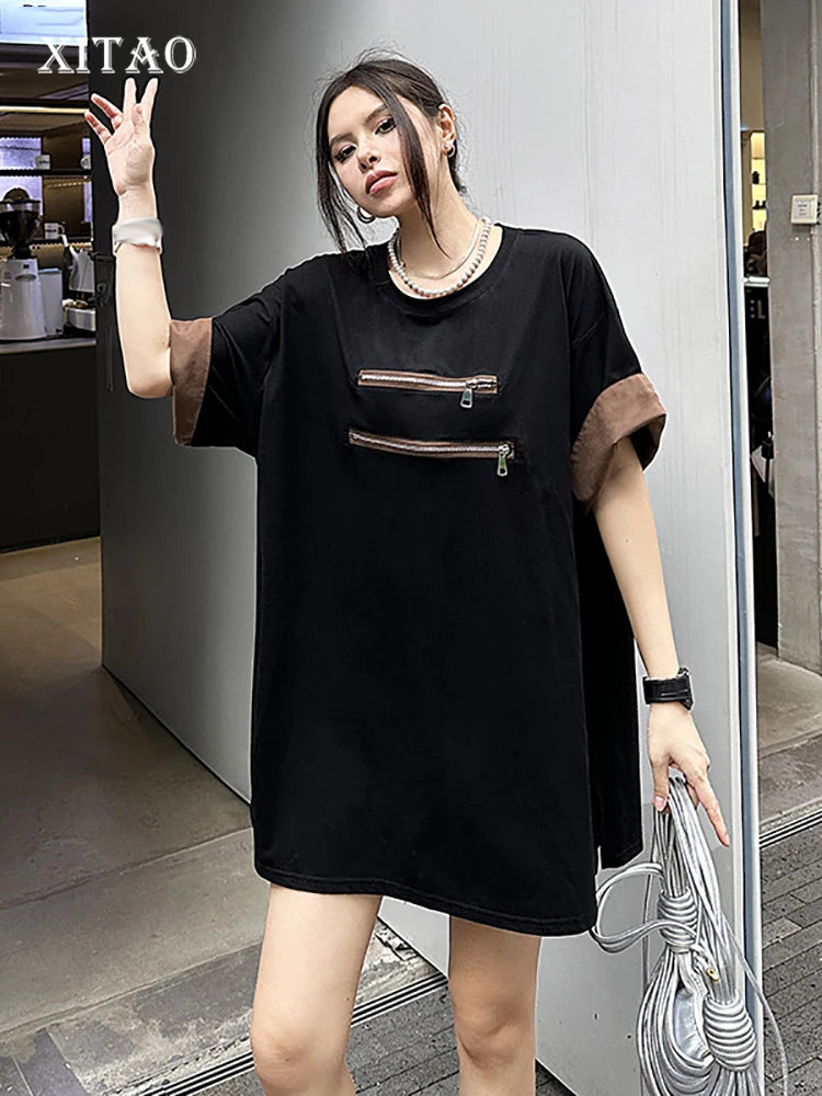 XITAO Zipper Patchwork Short Sleeve T-shirts O-neck Solid Color Pullover Loose Slimming Tops Summer Fashion All Match ZY8679