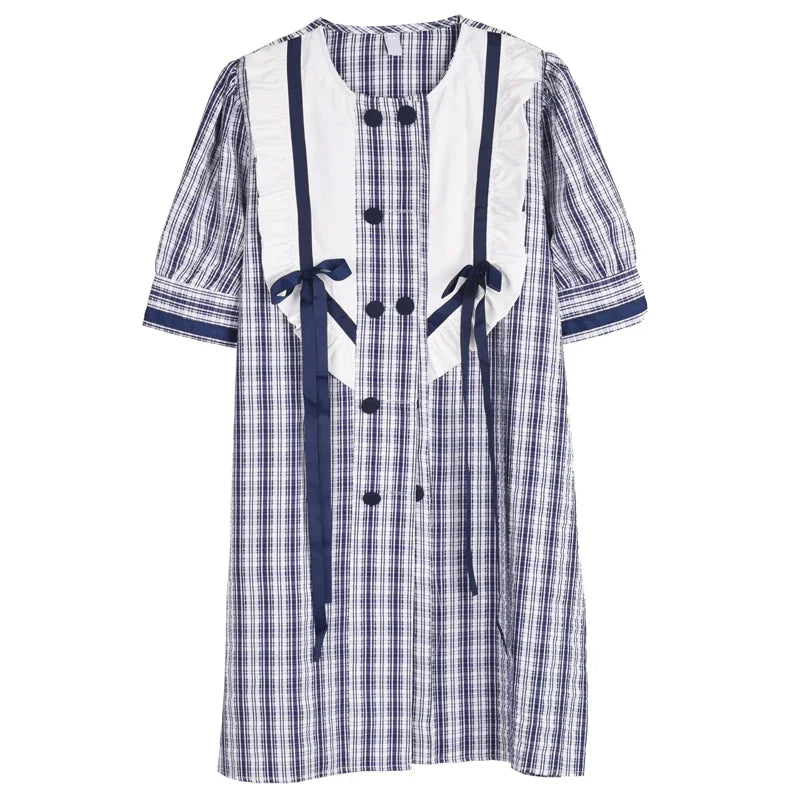 XITAO Double Breasted Plaid Dress Women Summer New Personality Fashion Loose O-neck Short Sleeve Dress WMD5991