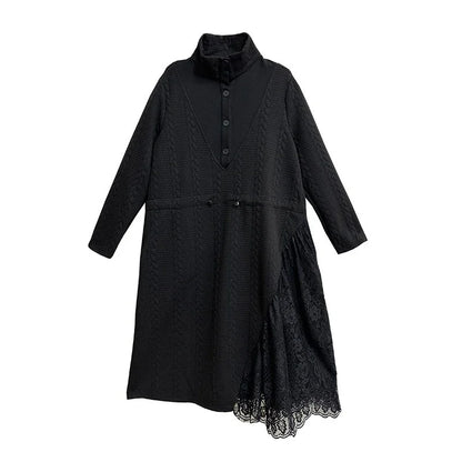 XITAO Patchwork Lace Irregular Draw Rope Dress Stand Collar Casual Solid Color Full Sleeve Trend Autumn Women Dress GMM1146