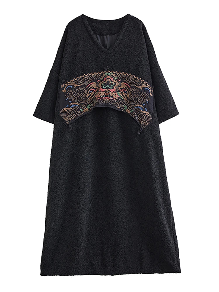 XITAO Embroidery Patchwork Batwing Sleeve Dresses V-neck Pullover Loose Slimming Mid-Calf Casual Dresses 2024 Autumn New LJ1046