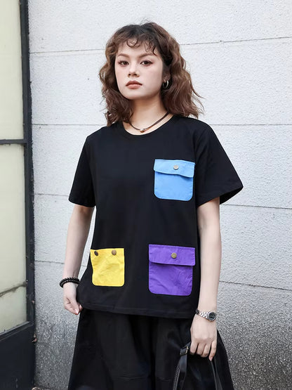 XITAO Pocket Patchwork Contrast Color T-Shirts O-neck Pullover Short Sleeve Casual All Match Slimming Loose T-Shirts ZY8922