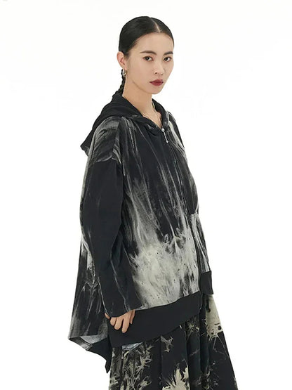 XITAO Tie Dye Asymmetrical Hooded Jackets Zipper Patchwork Pocket Loose Autumn New Arrival Casual Show Thin HQQ1592