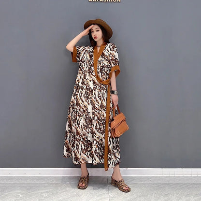 XITAO Fashion Print Dress Loose Casual Splicing V-neck Bandage Pullover New Dress Simplicity Temperament Women WLD7658