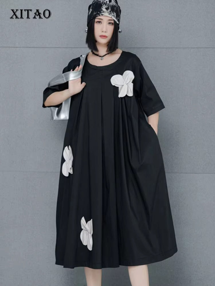 XITAO Solid Color Casual A-line Knee-length O-neck Dress New Floral Half Sleeve Pullover Loose Summer Female Dress GMM1027