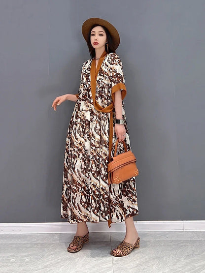 XITAO Fashion Print Dress Loose Casual Splicing V-neck Bandage Pullover New Dress Simplicity Temperament Women WLD7658