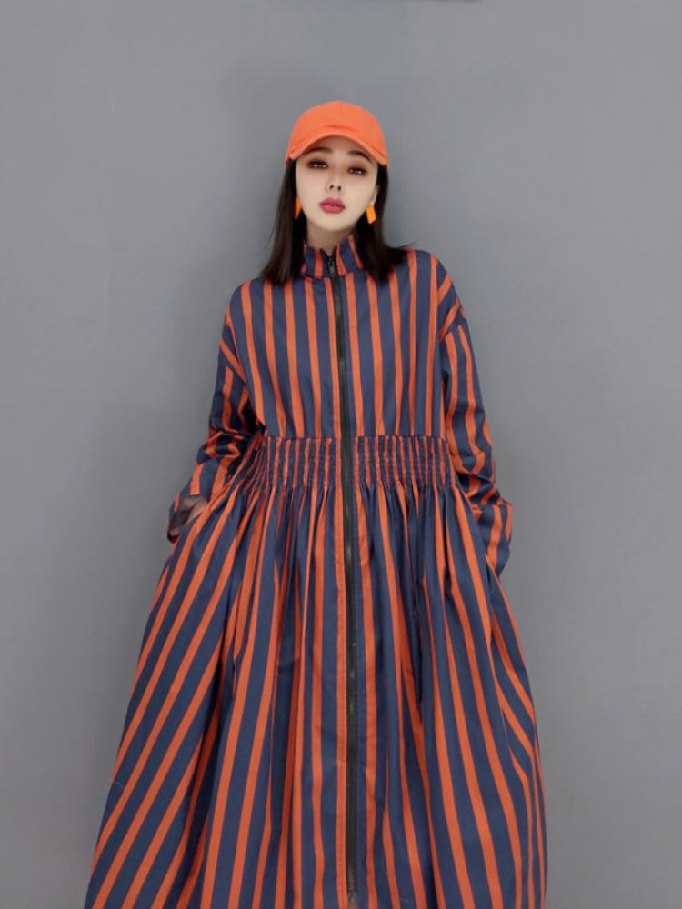 XITAO Striped Dress Fashion Stand Collar Loose Pleated Shrink Waist Shirt Dress Spring Summer Simplicity Women GWJ2751