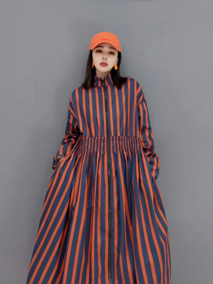 XITAO Striped Dress Fashion Stand Collar Loose Pleated Shrink Waist Shirt Dress Spring Summer Simplicity Women GWJ2751