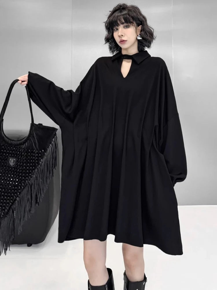 XITAO Hollow Out Batwing Sleeve Lapel Dress Casual Loose Fitting A-line Full Sleeve Elegant Turn-down Collar Women Dress GYX1700