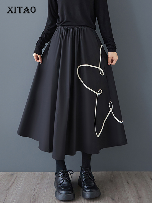 XITAO Contrast Color Elastic Waist A-line Female Skirt Vintage Mid-calf Casual New Fashion Slimming Women Skirt GMM1183