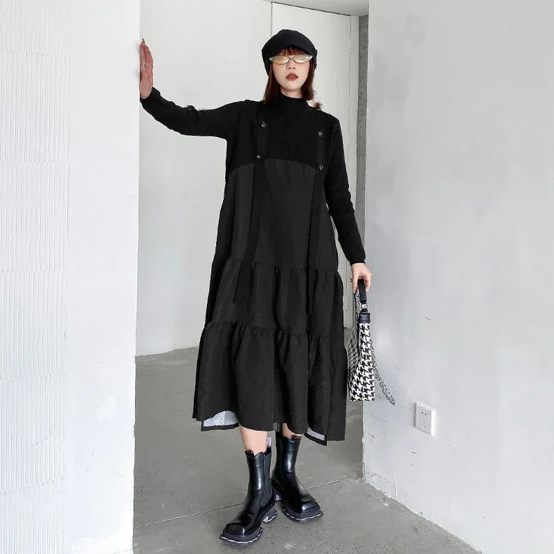 XITAO Knitting Patchwork Dress Fashion Turtleneck Pullover False Two Pieces Women Spring Loose Simplicity Casual Dress WLD13086