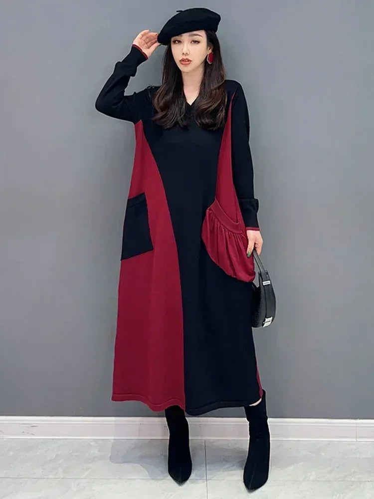 XITAO Patchwork V-neck Knitting Dress Loose Slimming Trend Pocket Women Spring All-match Contrast Color Elegant Dress HQQ1858