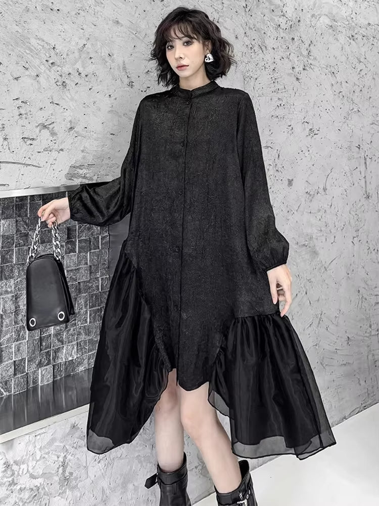 XITAO Asymmetric Mesh Patchwork Dress Loose Slimming Single Breasted Women Casual Irregular Hem Solid Color Dress HQQ2426